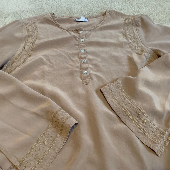 Taupe Mimi Maternity 100% Silk Blouse with Wide Sleeves and Decorative Design M - Picture 5 of 16